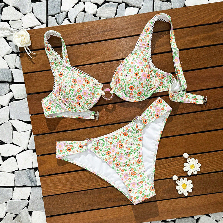 Yellow Floral Padded Underwire Bikini Set